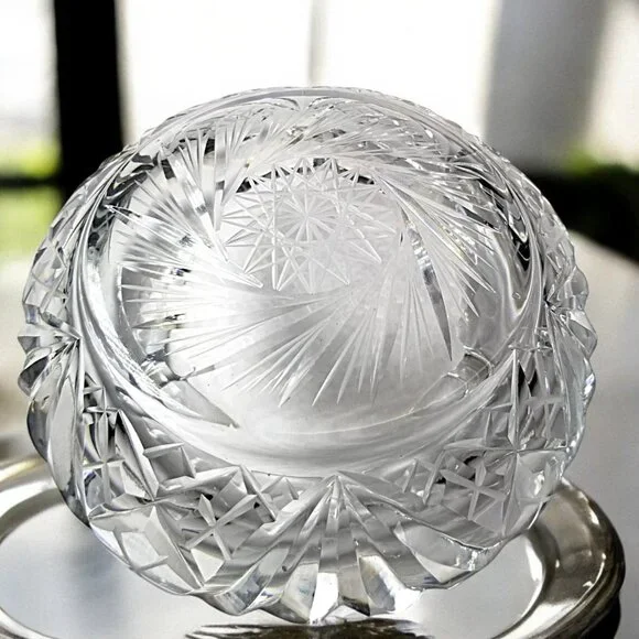 Bohemian Cut Crystal Heavy Ashtray-Exquisite Czech Pinwheel Swirl & Star Design - Picture 2 of 7